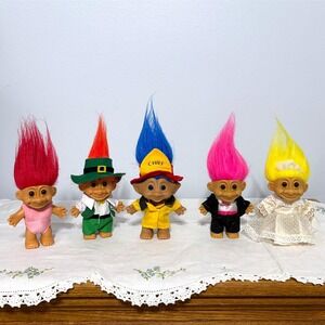 Vintage Russ Berrie Ace Novelty Troll Doll Lot 5 Bride Groom Fire Chief 1990s
